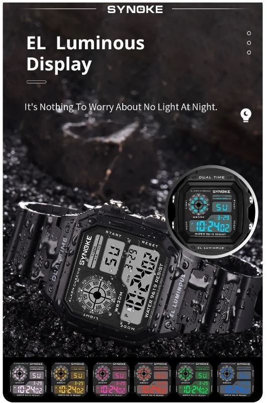 送料無料 未使用品 ブラック SYNOKE Eスポーツ デジタル 防水 スクエアウォッチ メンズ 腕時計 の画像3