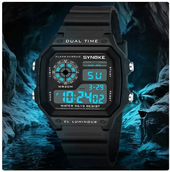 送料無料 未使用品 ブラック SYNOKE Eスポーツ デジタル 防水 スクエアウォッチ メンズ 腕時計 の画像2