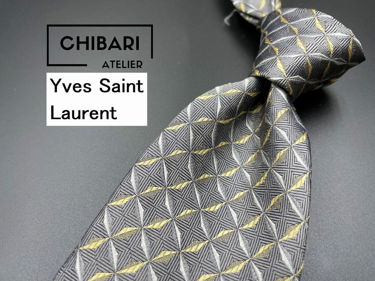 【超美品】YvesSaintLaurent サンローラン チェック柄 ネクタイ 3本以上送料無料 シルバーグレイ 光沢 0305185の画像1
