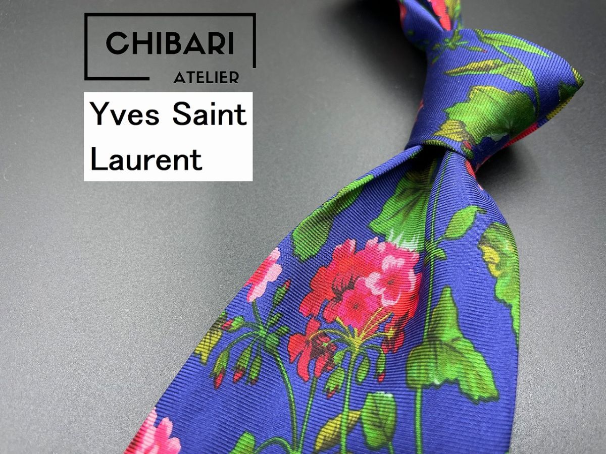 【超美品】YvesSaintLaurent サンローラン 花柄 ネクタイ 3本以上送料無料 ネイビー 0305215の画像1