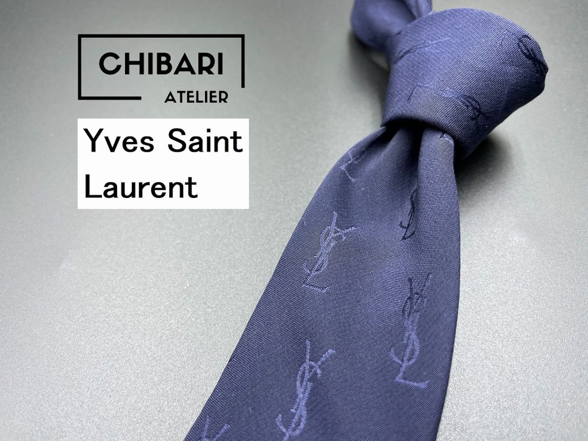 YvesSaintLaurent サンローラン YSLロゴ柄 ネクタイ 3本以上送料無料 ネイビー 0403039の画像1