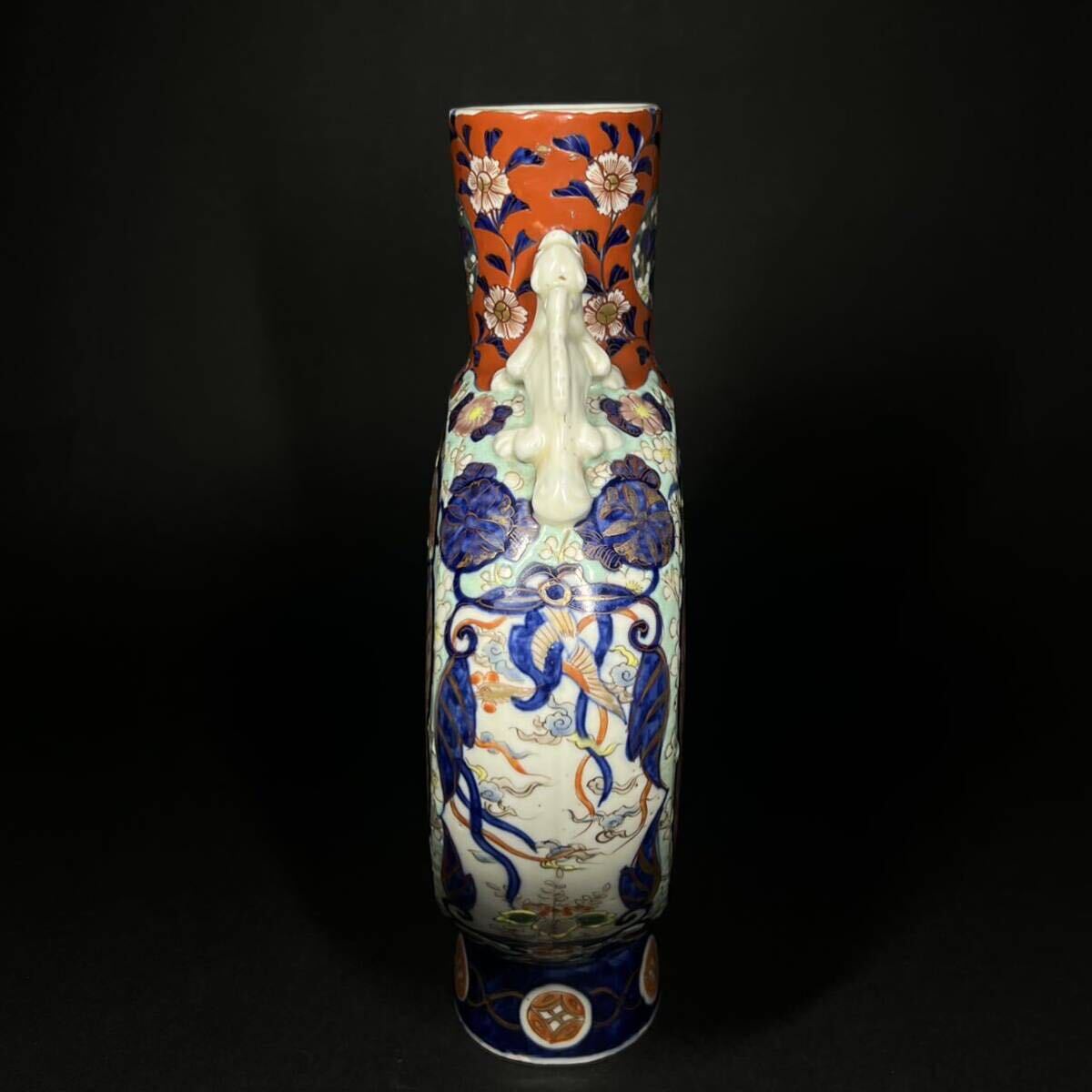 花瓶 古伊万里 成化年製 江戸時代 色絵金彩 花鳥図 龍耳 花入 花器 飾壷 置物 高さ29.5cmの画像5