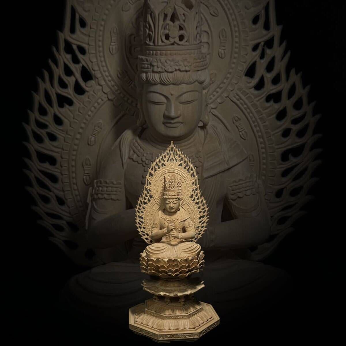 大日如来座像　木彫仏像　極上彫　八角台座　仏教美術　高さ26cm 重さ352g_画像1