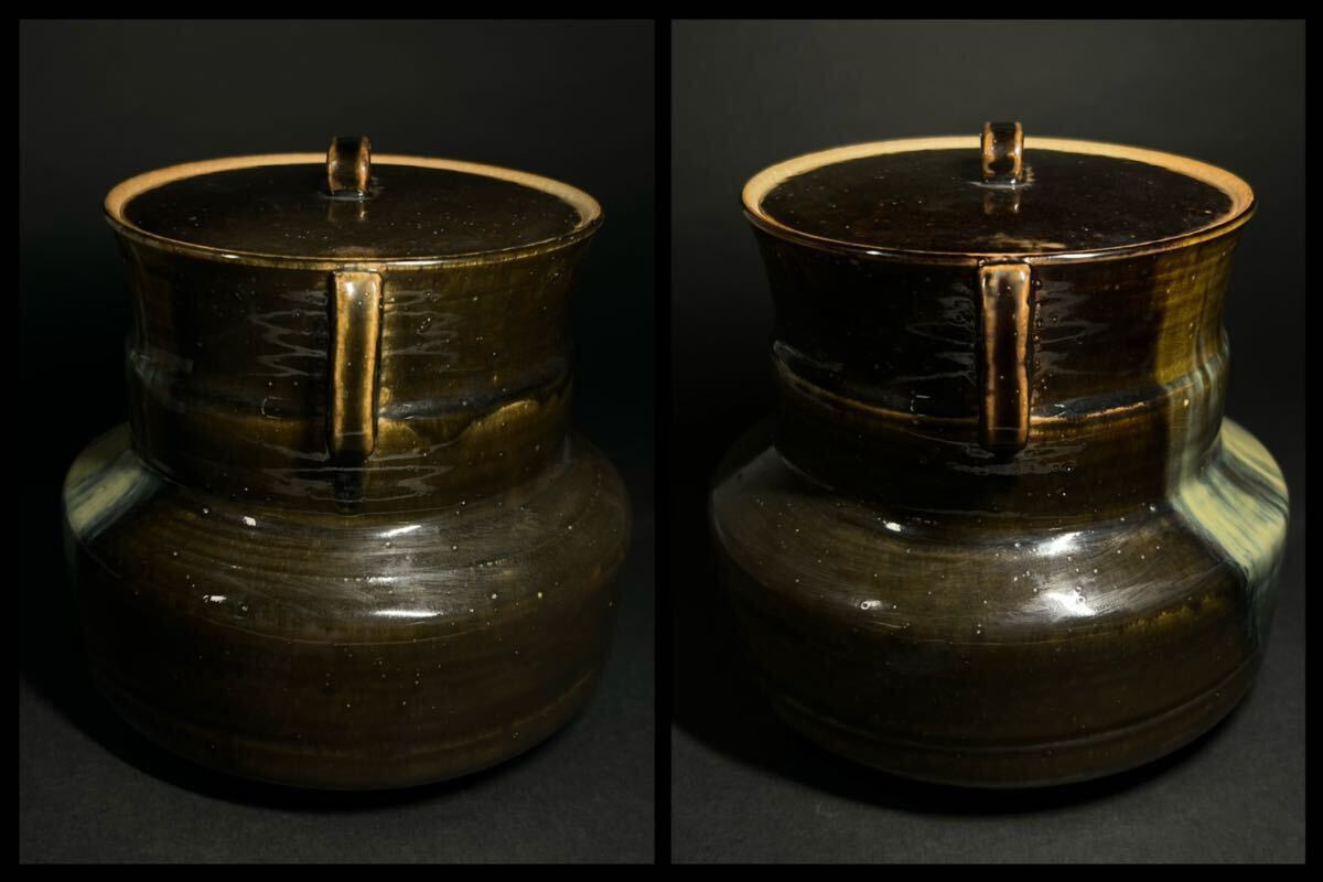 水指 膳所焼 時代物 耳付 替塗蓋 茶道具 合箱(蓋なし) 高さ18.5cmの画像4