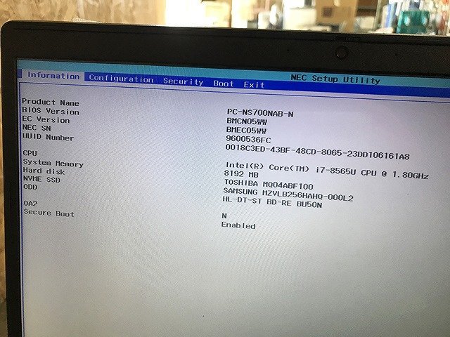 SFG37033相 NEC ノートPC PC-NS700NAB-N Core i7-8565U メモリ8GB HDD1TB SSD256GB ジャンク 直接お渡し歓迎の画像2