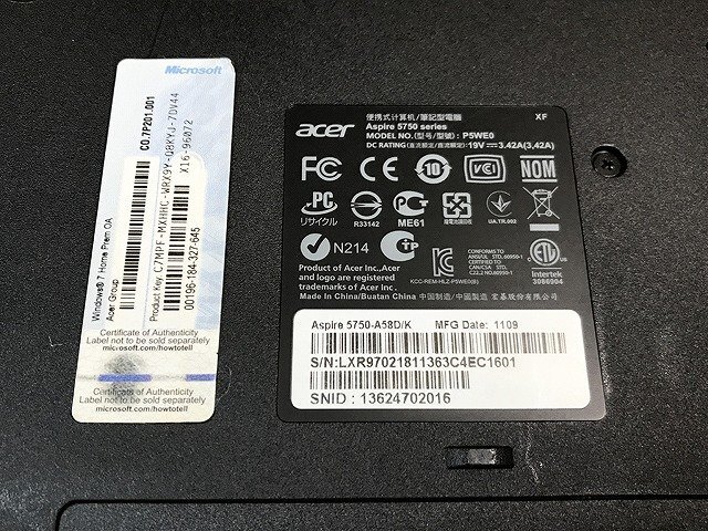 SDG44166相 Acer ノートPC Aspire 5750 P5WE0 Core i5-2430M メモリ8GB HDD500GB ジャンク 直接お渡し歓迎の画像10