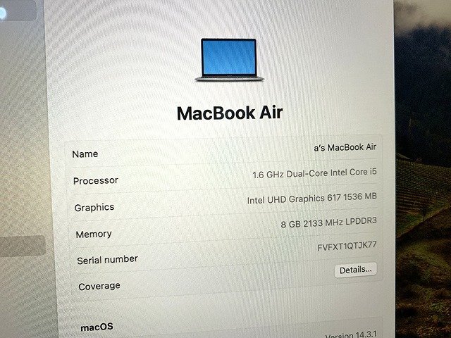 SDG31676相 Apple MacBook Air A1932 Retina 13インチ 2018 Core i5-8210Y メモリ8GB SSD128GB 直接お渡し歓迎の画像3