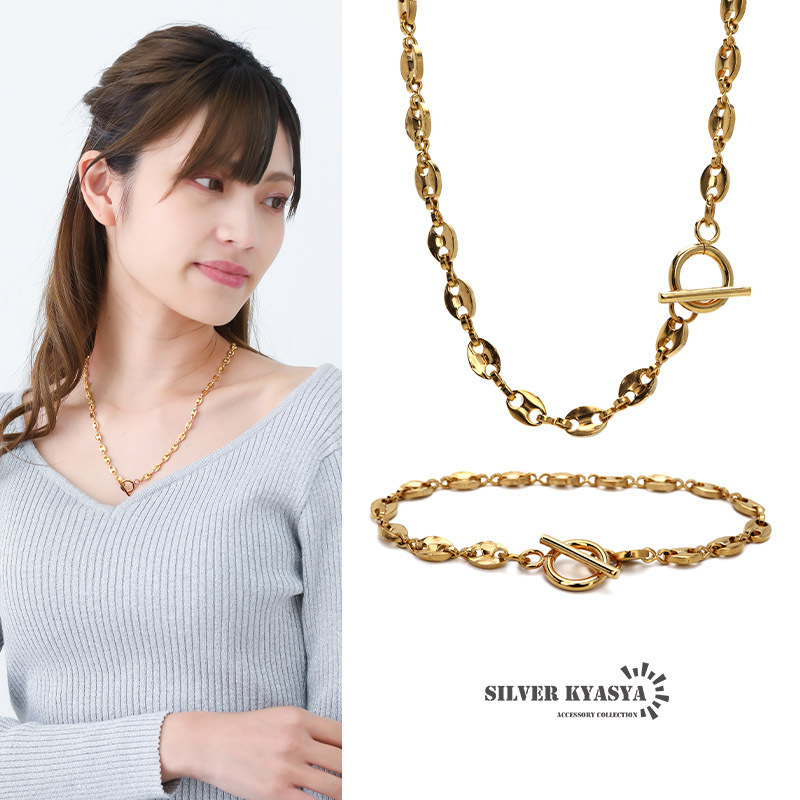 ネックレス ブレスレット 2点セット マンテル アンカーチェーン ゴールド 18K ステンレス (70cm、17cm)_画像1