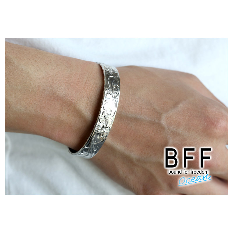 BFF ブランド ハワイアンバングル 幅12mm シルバー 銀色 平打ちバングル 腕輪 太幅 メンズ レディース 手掘り_画像5