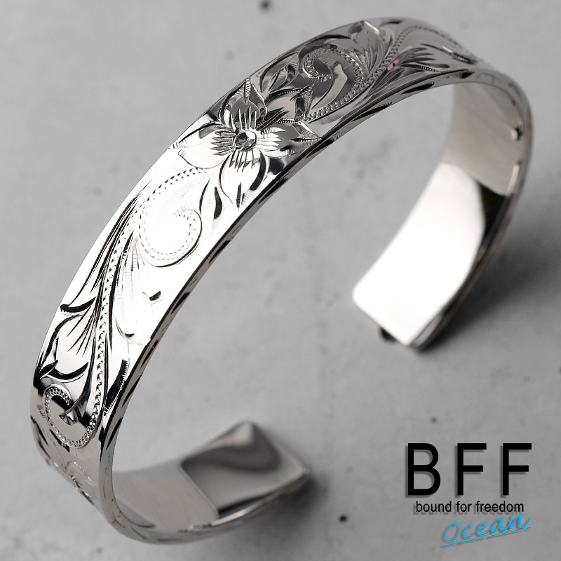 BFF ブランド ハワイアンバングル 幅12mm シルバー 銀色 平打ちバングル 腕輪 太幅 メンズ レディース 手掘り_画像1