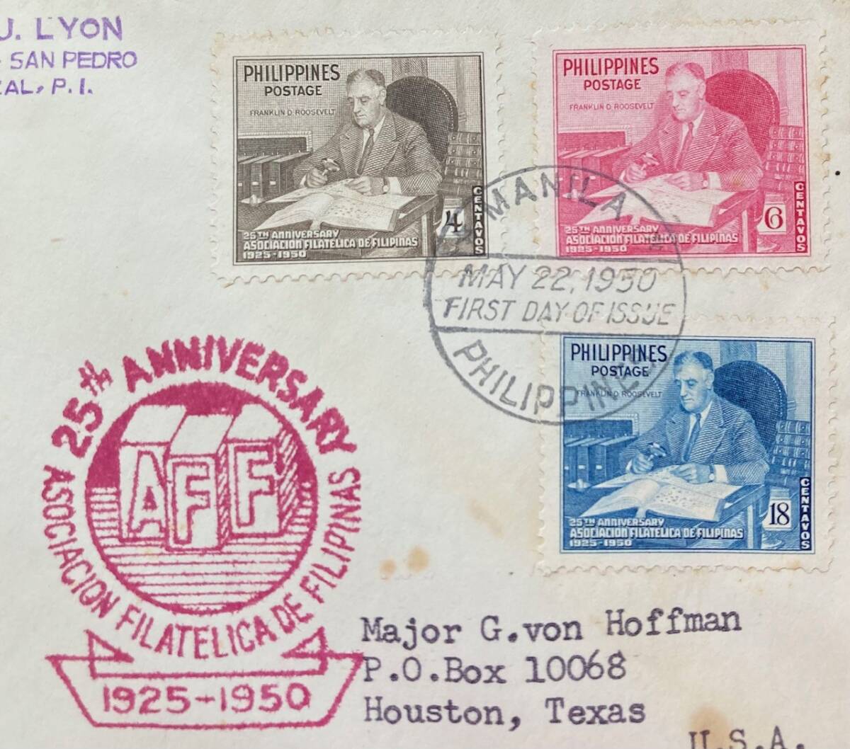 【フィリピン共和国】1950年発行フィリピン郵趣協会25周年記念切手・航空切手（s/s）： 記念切手単片3種（使用済）と 米国宛FDC 2通の画像3