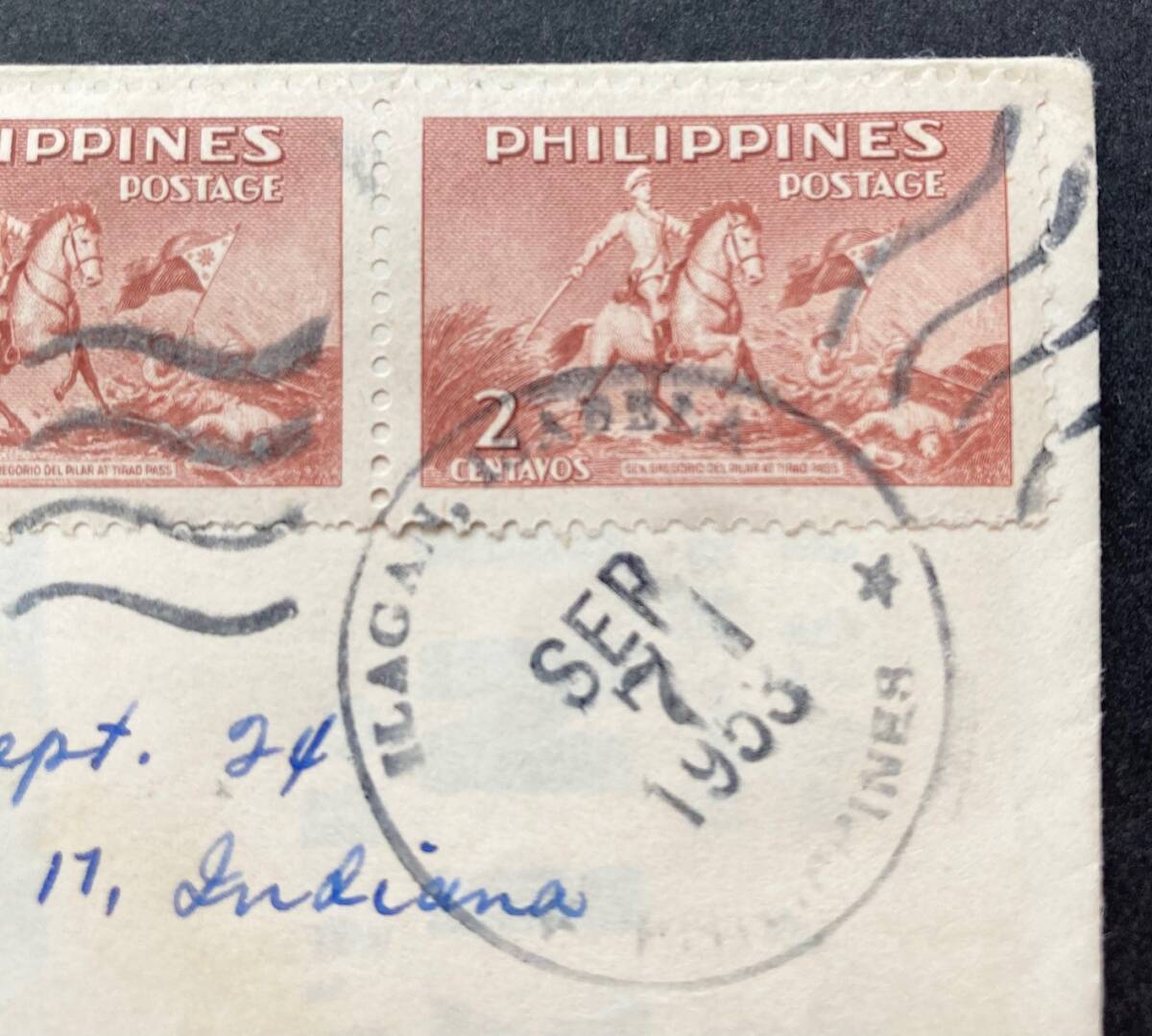 【フィリピン共和国】1949年発行デル・ピラー将軍戦死50周年記念切手： 単片2種完（未使用 LH/美品）と 米国宛エンタイア1通 ＋ FDC 1通_画像3