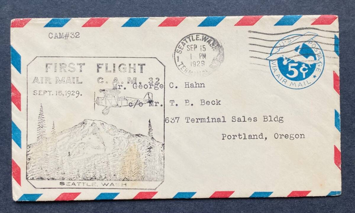 [ America ]1929 year the first period FFC 5 through each 5c aviation mail . leather (Sc #UC1) use * each domestic the first flight * aviation Event rubber seal kashe pushed superior article 