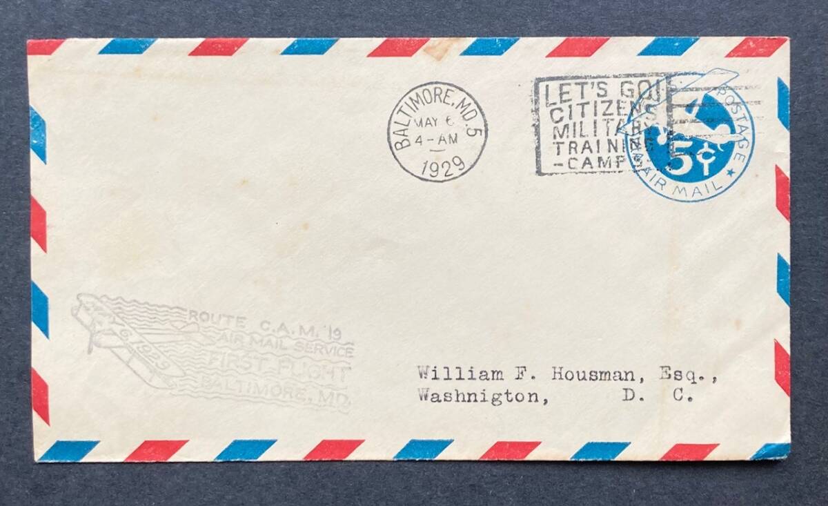 [ America ]1929 year the first period FFC 5 through each 5c aviation mail . leather (Sc #UC1) use * each domestic the first flight * aviation Event rubber seal kashe pushed superior article 