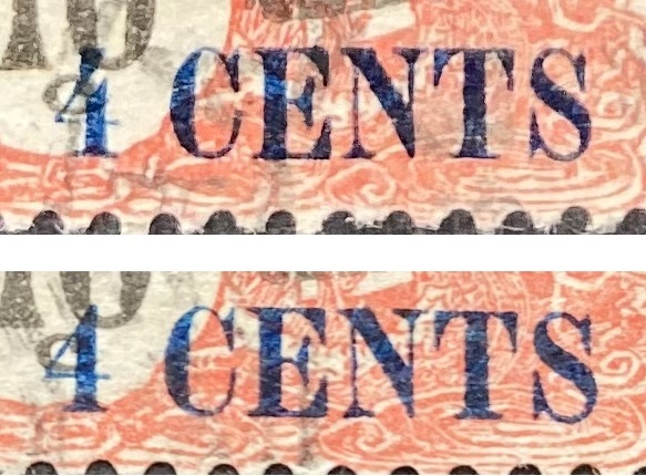 【フランス領インドシナ】1919年通常切手 14c on 10c バラエティ「 Closed 4 」と通常「 4 」書体違い加刷ペア 使用済 ＊美品_画像2