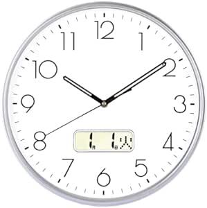 Nbdeal 掛け時計 電波時計 日付 曜日表示 直径35cm 夜間秒針停止機能付き （銀色_画像1
