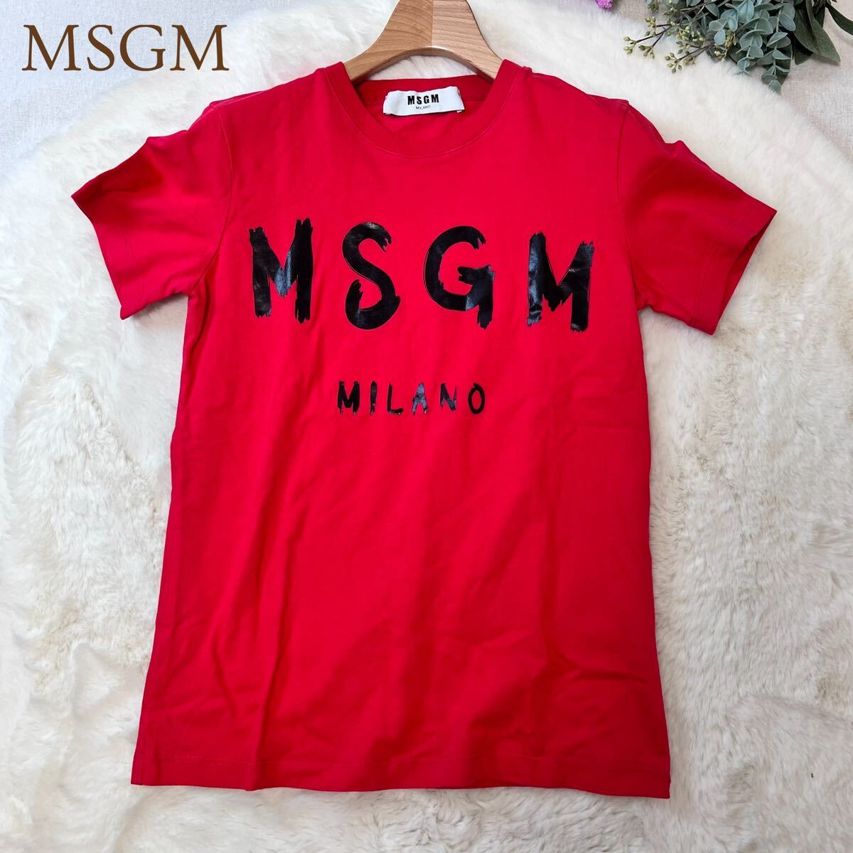 MSGM（エムエスジーエム）筆文字Tシャツ　赤 レッド 半袖Tシャツ 半袖 コットン レディース XS 人気完売品 A5426_画像1