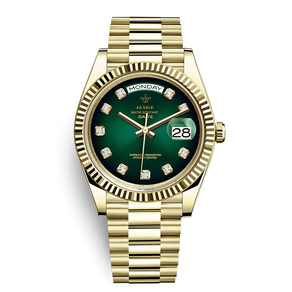 【送料無料】LGXIGE デイデイトスタイル ゴールド グリーン ハイエンド ロレックス系オマージュ ウォッチ 腕時計 高級 メンズ サファイアの画像1