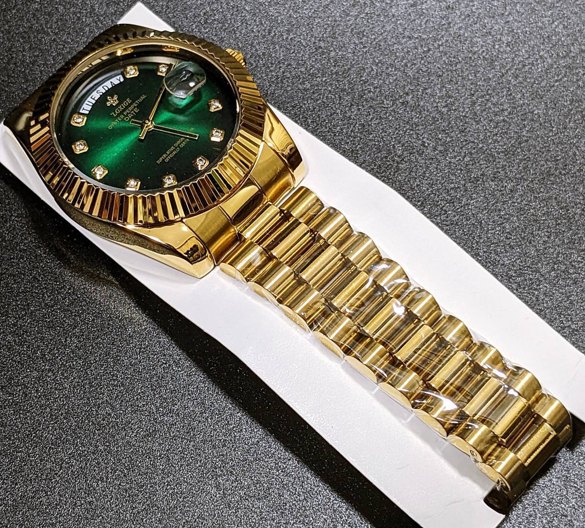 【送料無料】LGXIGE デイデイトスタイル ゴールド グリーン ハイエンド ロレックス系オマージュ ウォッチ 腕時計 高級 メンズ サファイアの画像5