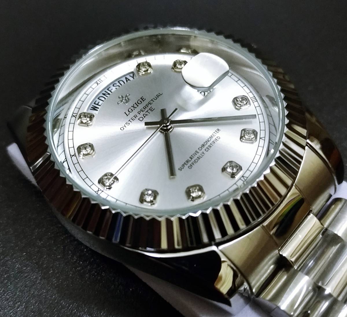 【送料無料】LGXIGE デイデイトスタイル シルバーホワイト ハイエンド ロレックス系オマージュ ウォッチ 腕時計 高級 メンズ サファイアの画像5