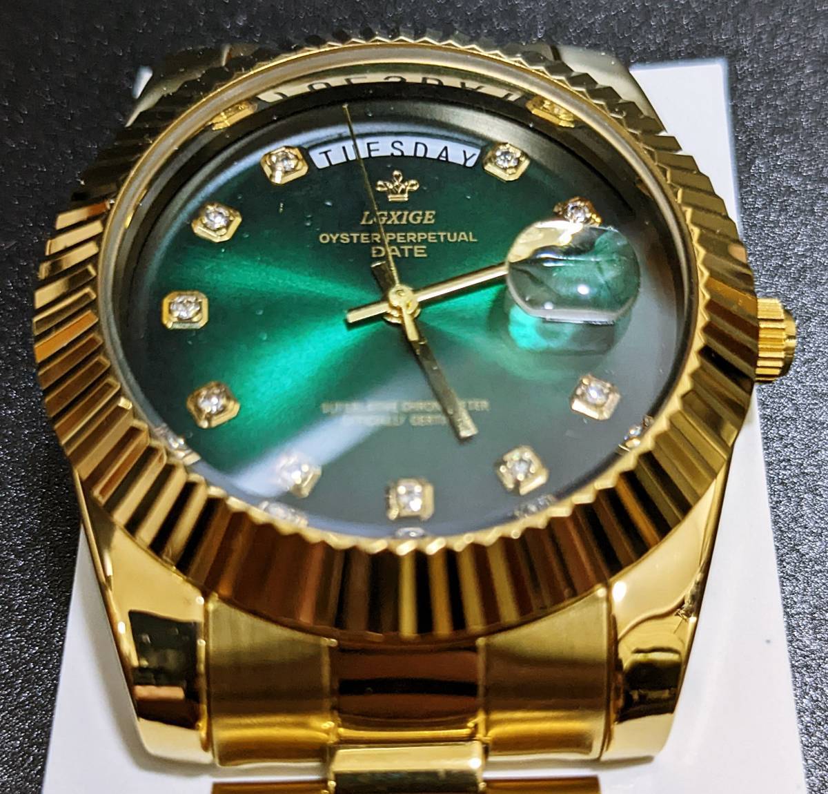 【送料無料】LGXIGE デイデイトスタイル ゴールド グリーン ハイエンド ロレックス系オマージュ ウォッチ 腕時計 高級 メンズ サファイアの画像3