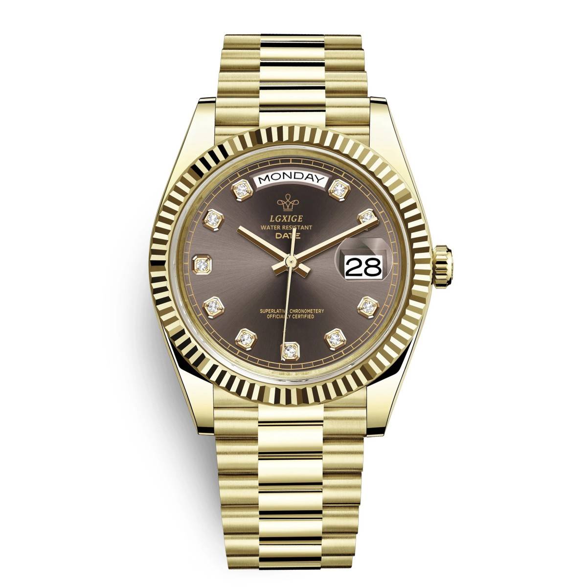 【送料無料】LGXIGE デイデイトスタイル ゴールド グレイ ハイエンド ロレックス系オマージュ ウォッチ 腕時計 高級 メンズ サファイアの画像1