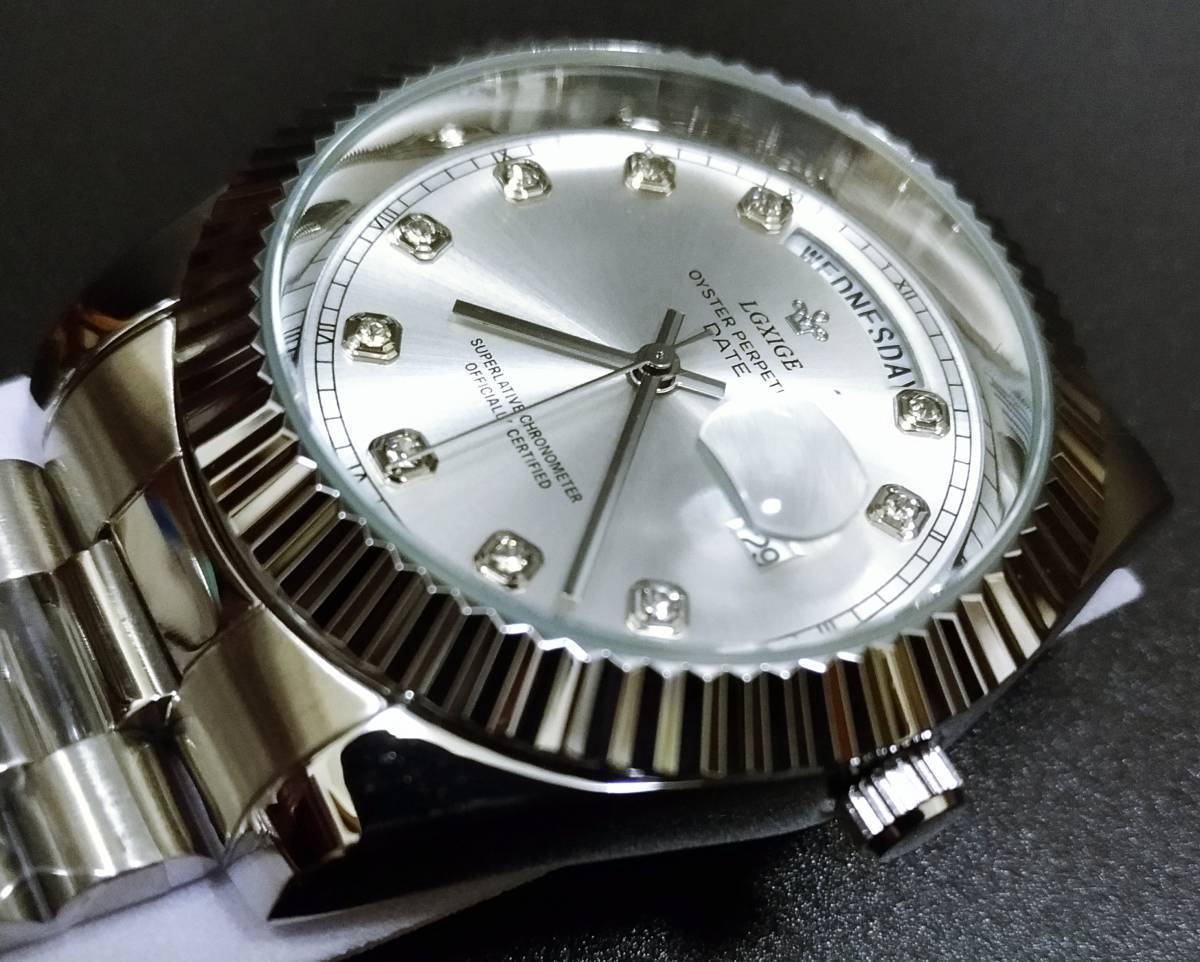 【送料無料】LGXIGE デイデイトスタイル シルバーホワイト ハイエンド ロレックス系オマージュ ウォッチ 腕時計 高級 メンズ サファイアの画像4