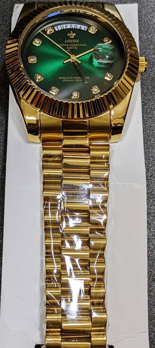 【送料無料】LGXIGE デイデイトスタイル ゴールド グリーン ハイエンド ロレックス系オマージュ ウォッチ 腕時計 高級 メンズ サファイアの画像2