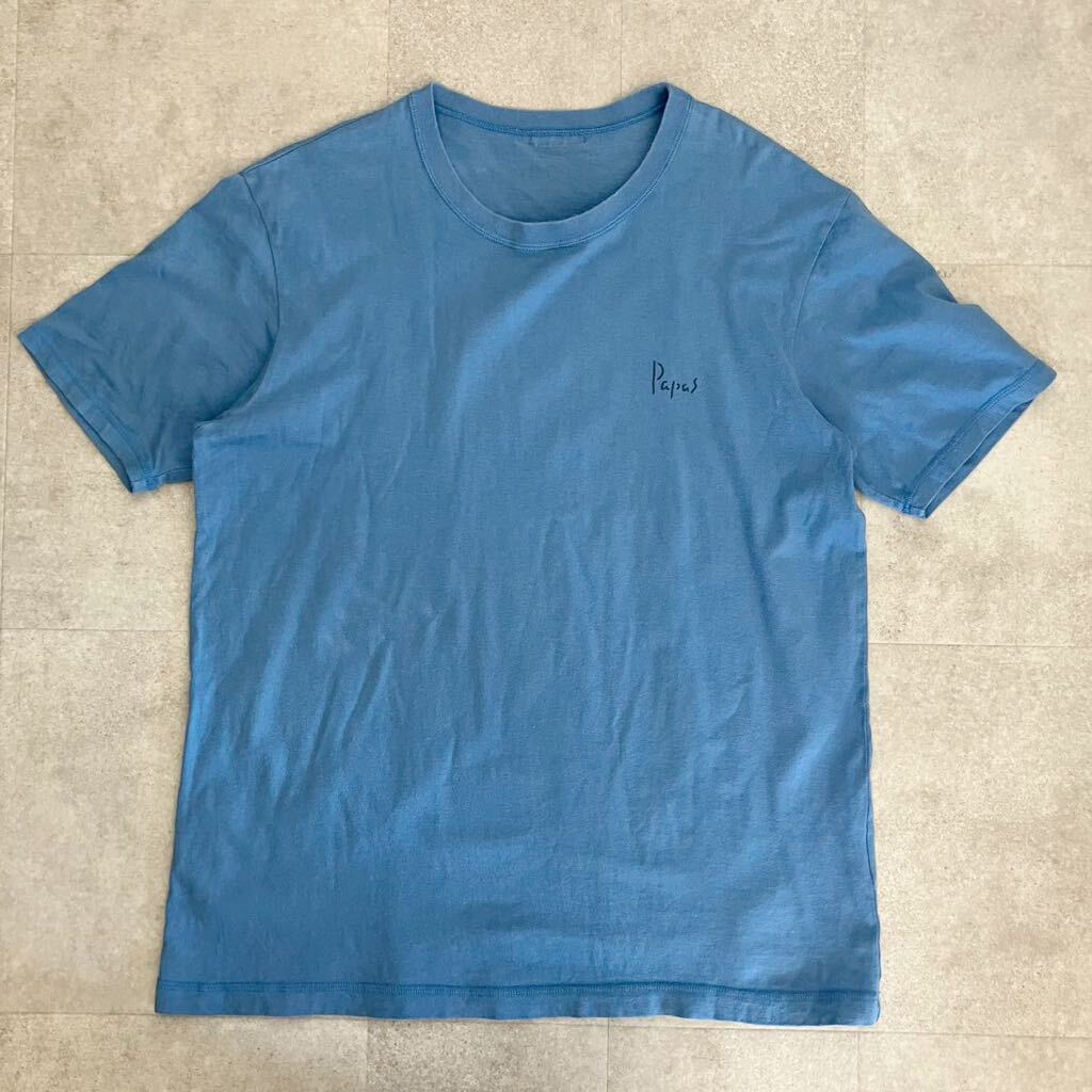 ●【爽やかなブルー】Papas パパス ロゴプリント 半袖 コットン Tシャツ/染み込みプリント/サイズ50(L)/ブルー/メンズ/日本製 の画像1