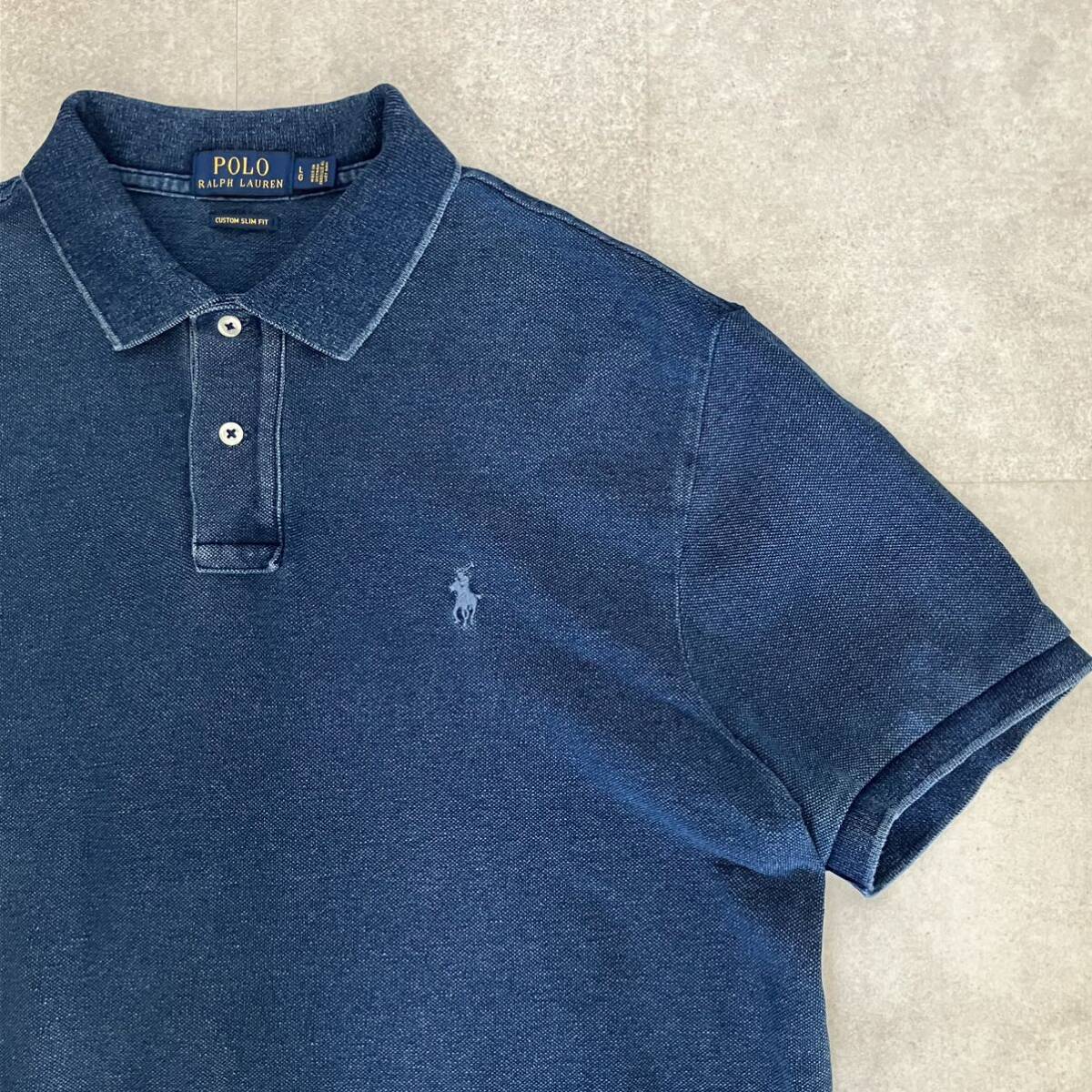 ●名作【インディゴ染め】POLO RALPH LAUREN ポロ ラルフローレン 半袖 ポロシャツ/ポニー刺しゅう/sizeL/メンズ/アメカジ_画像2