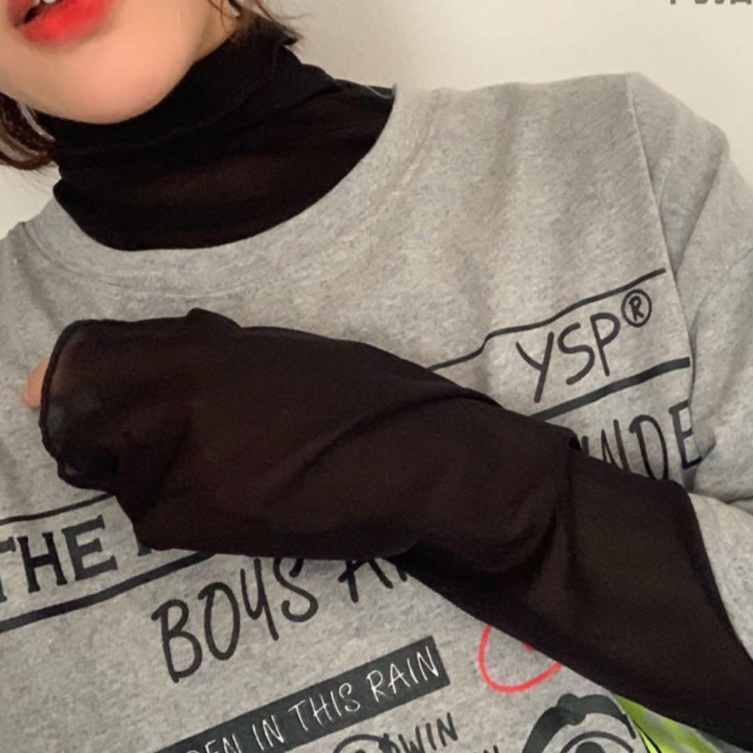 シアートップス ブラック メロウ襟・袖・裾 カットソー 透け感 伸縮性 韓国の画像4