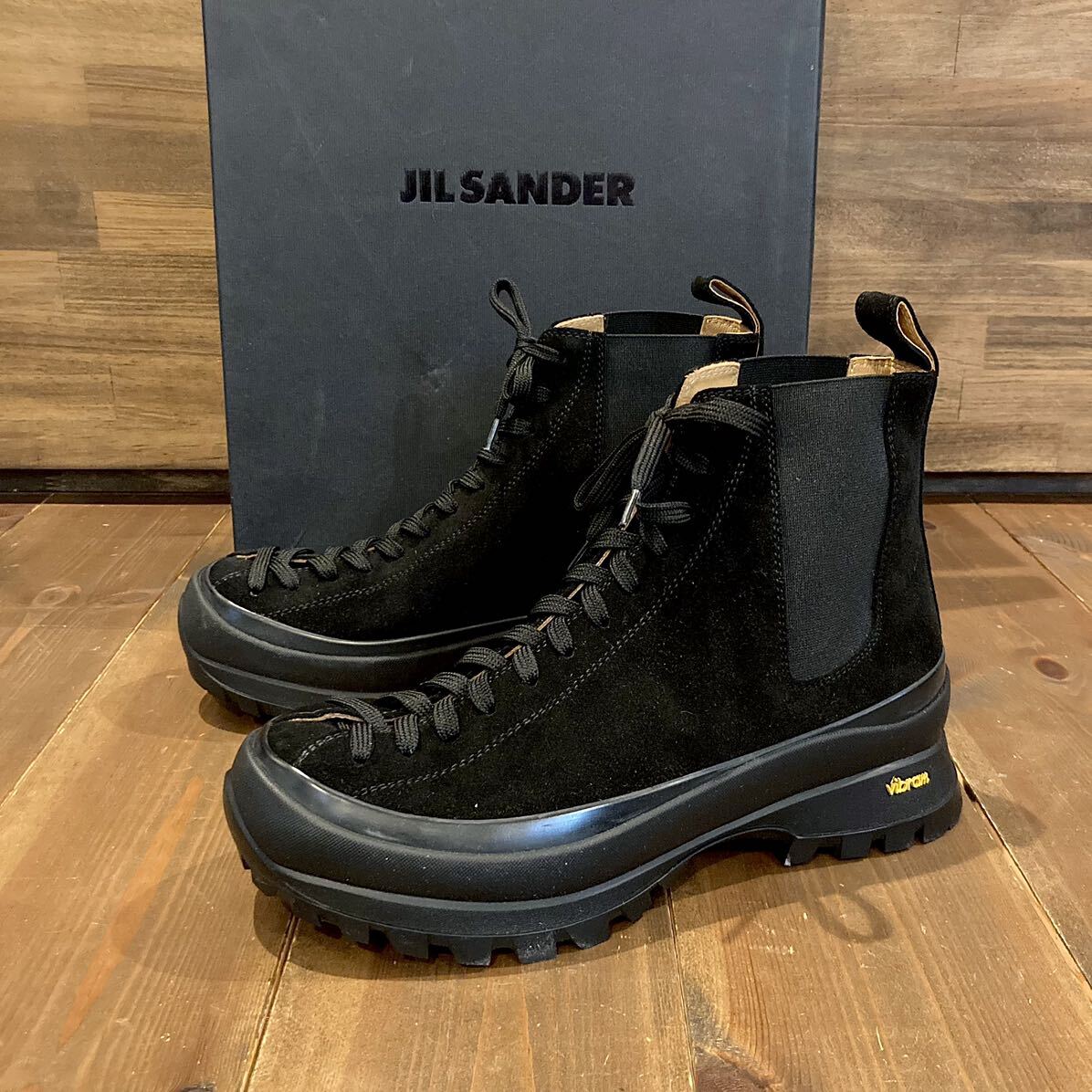 新品 即完売 JIL SANDER ジルサンダー 傑作 サイドゴア レースアップブーツ シューズ 靴 ビブラムソール Vibram 黒ヌバック メンズ 41 26cm_画像1