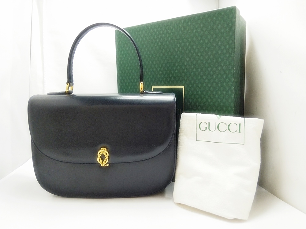 B24-787 GUCCI グッチ 000.109.0168 ハンドバック 濃紺 金具ゴールド レディース ダークネイビー レザー イタリア製 箱/保存袋付きの画像1