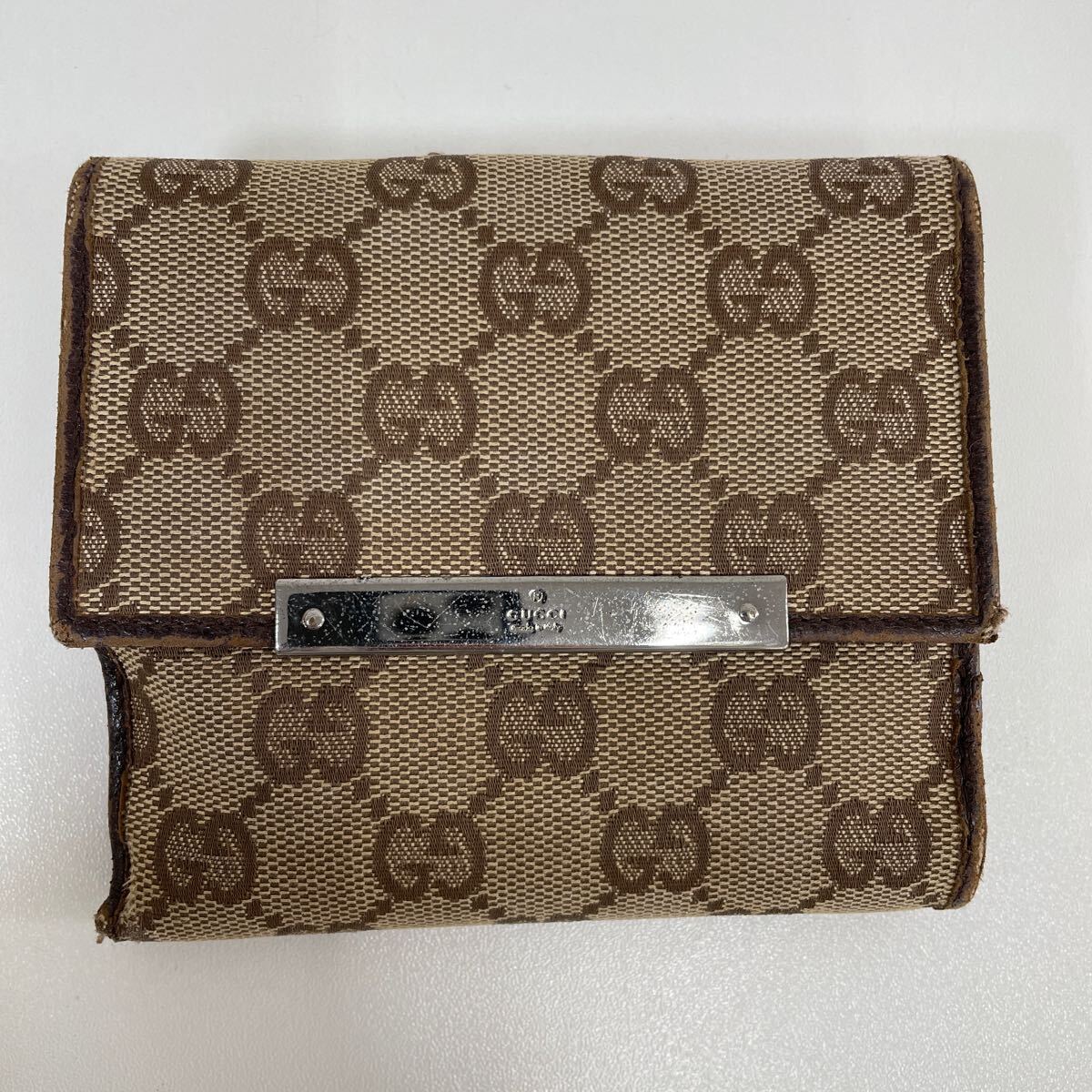 G◎ GUCCI グッチ 112664 1408 GGキャンバス レザー 二つ折り財布 ウォレット レディース ブラウン キズ汚れ有り_画像2