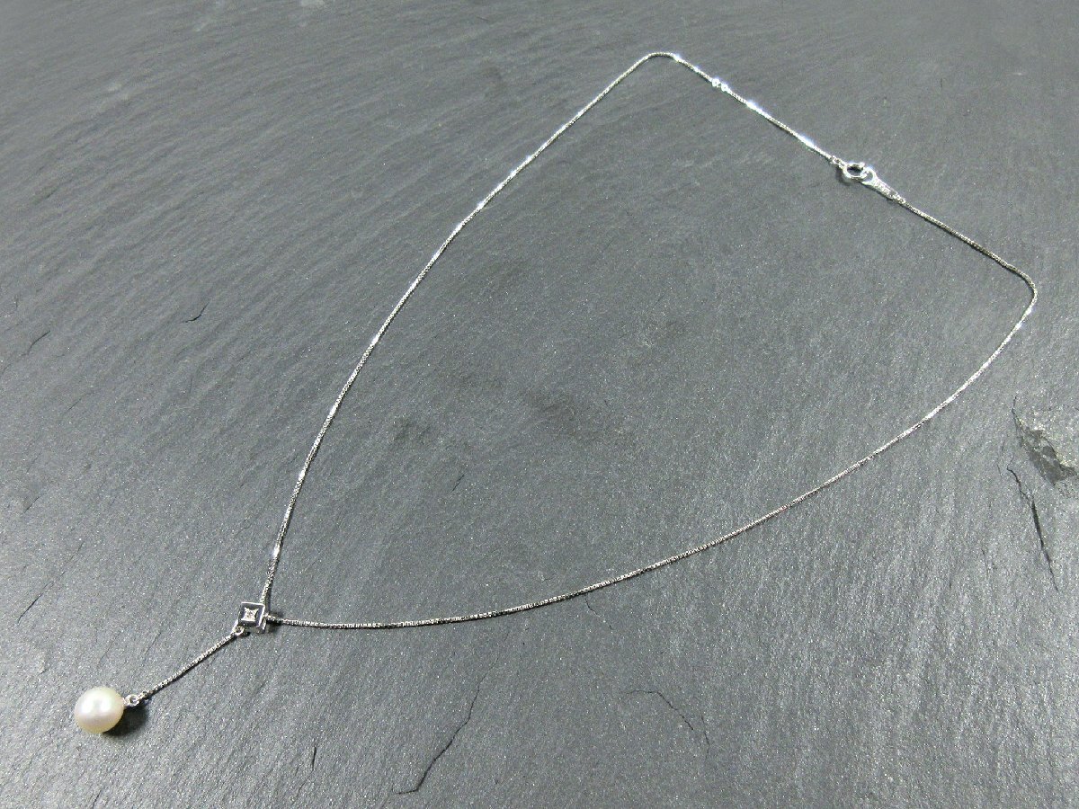 【TASAKI】K18WG 7.2mm アコヤ真珠 1Pダイヤモンド ホワイトゴールド デザイン ネックレス 45cm D0.01ct 3.6g J359_画像2