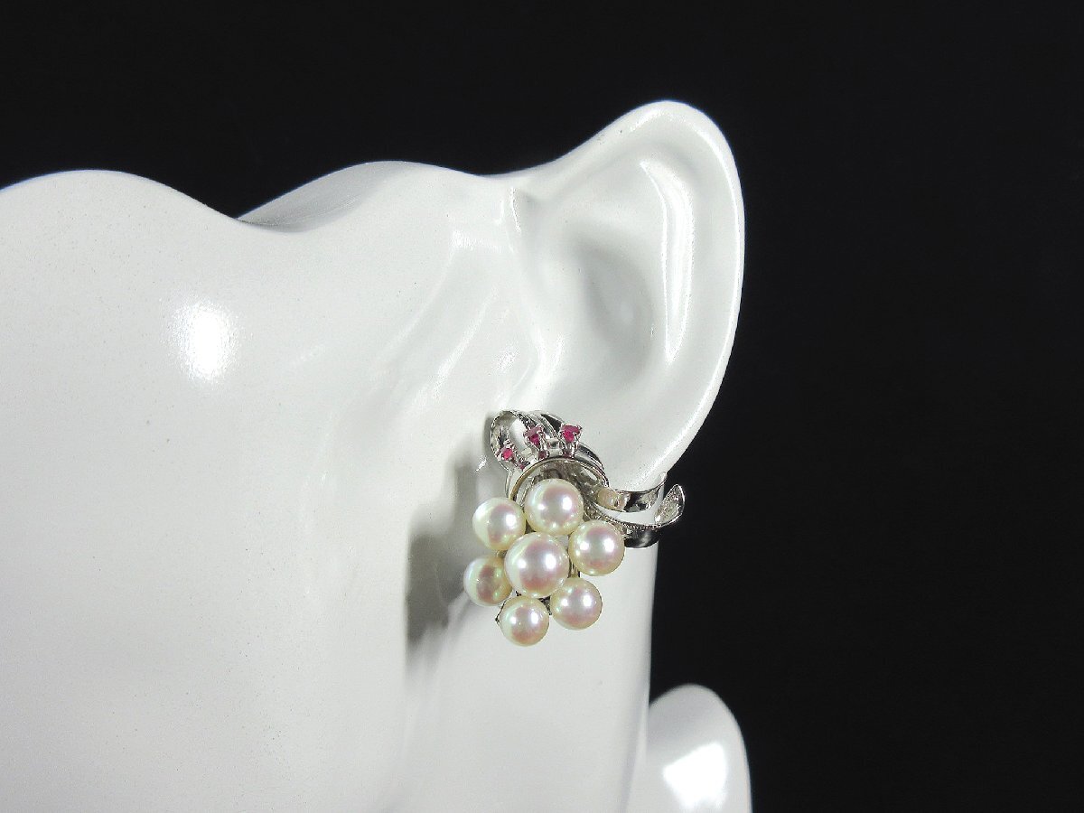 [TASAKI]K14WG 4.8mm~6.3mm round Akoya pearl ruby bouquet motif white gold clip type earrings 11.4g J387