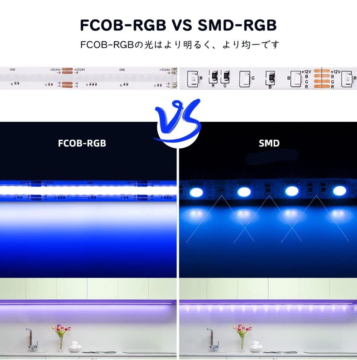 FCOB COB RGB LEDテープライト 高密度 フレキシブル LEDテープライト 5M 840LEDs/m 4PIN RGB 幅10mm ストリップライト DC24V 調光調色_画像3