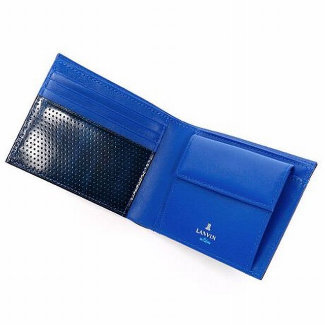 ◆F73 新品 定価14,850円 ランバン オン ブルー LANVIN en Bleu 牛革二つ折り財布 紺 パンチングレザーの画像6