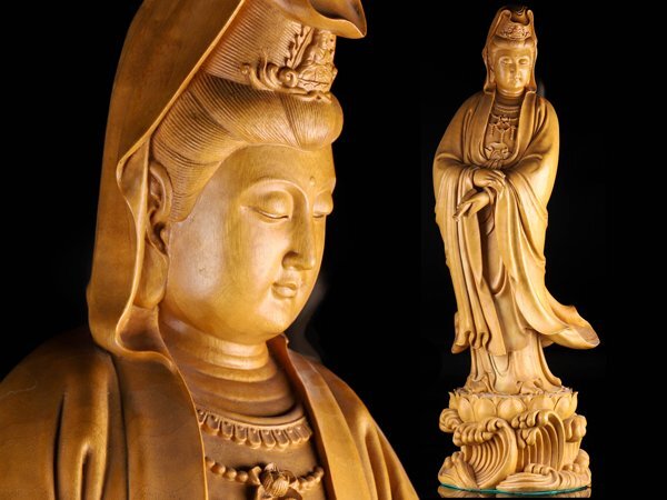 【流】仏教美術 檜 木彫 観音像 高82cm KV123の画像1
