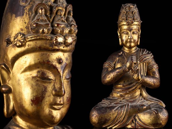 【流】仏教美術 木彫鍍金仏坐像 高27.5cm DH826_画像1