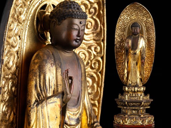 [.] Buddhism fine art era tree carving . gold ..... height 43.5cm KV457
