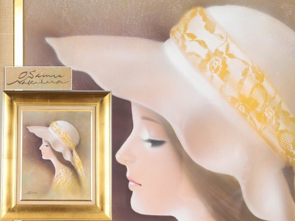 【流】中原修 油彩画「帽子の女」額 KV161の画像1