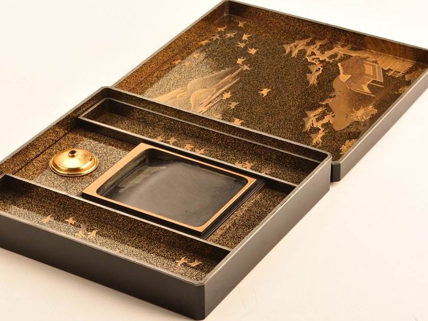 [.] era lacquer ware book@ gold plum lacqering inside pear ground inkstone case box attaching TS581