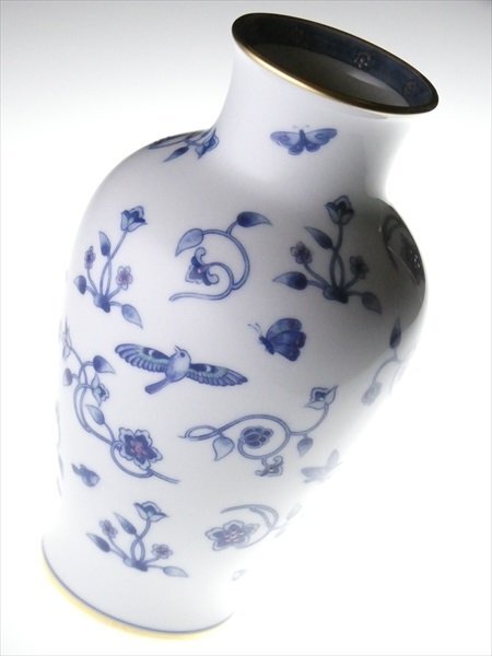 n462 大倉陶園 高級シリーズ 呉須 花鳥 大型 ベース 花瓶 飾壷 27.2cm_画像2