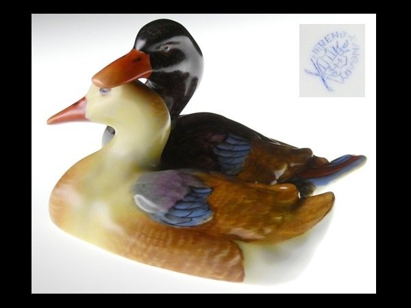 n477 HEREND ヘレンド ハンドペイント おしどり 2羽の水鳥 バード フィギュリン オブジェ 飾物の画像1