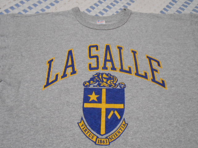80’ｓトリコタグ！USA製！チャンピオン LA SALLE XXL ラバー＆染み込みプリント Tシャツ 杢グレー 88/12 アメリカ製の画像1