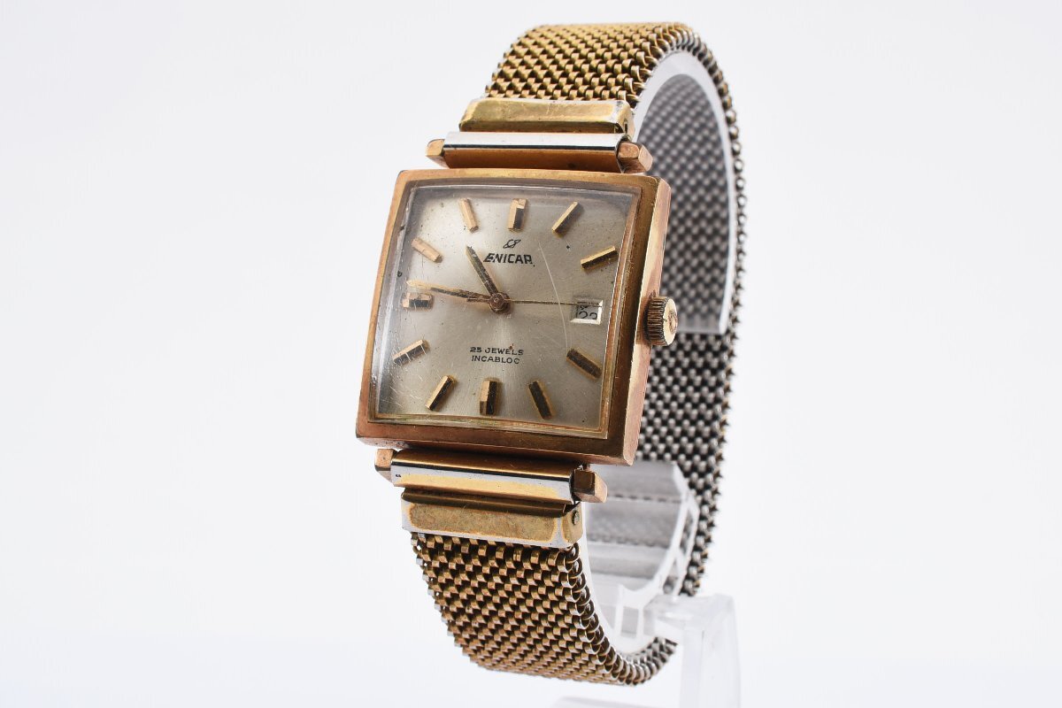 稼働品 エニカ デイト スクエア ゴールド 手巻き メンズ 腕時計 ENICARの画像2