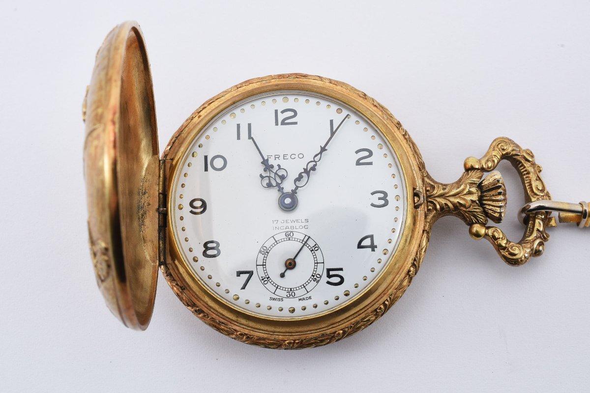 稼働品 フレコ 懐中時計 スモセコ ゴールド 手巻き メンズ 腕時計 FRECOの画像3