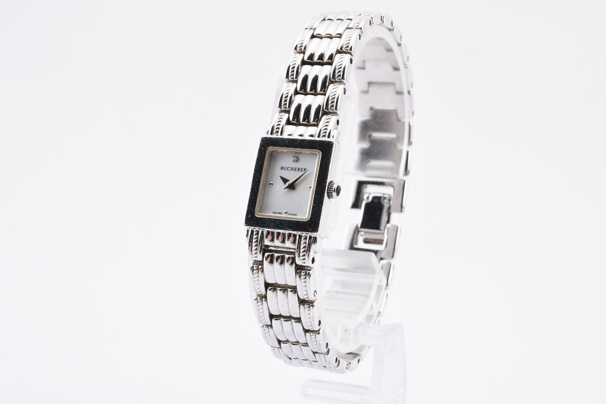 美品 石付き ブヘラ 731.500.1 スクエア シルバー クォーツ レディース 腕時計 BUCHERERの画像2