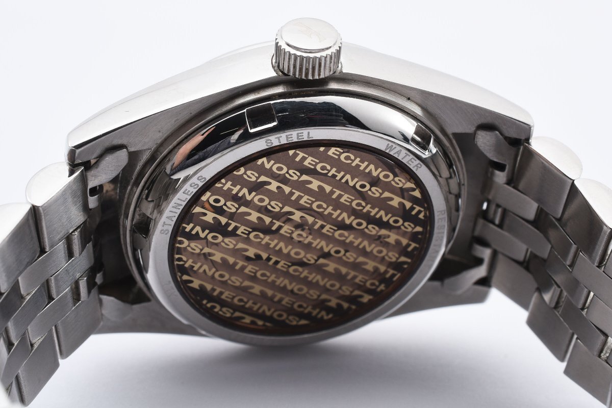 美品 稼働品 テクノス オートマティック デイト ラウンド シルバー 自動巻き メンズ 腕時計 TECHNOSの画像5